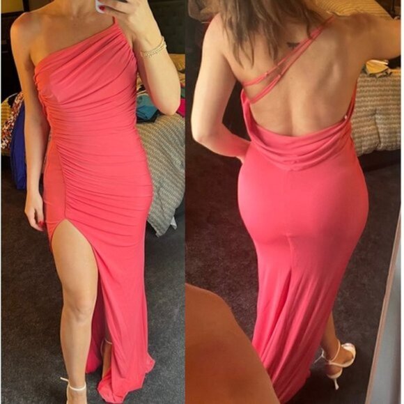 KATIE MAY Winnipeg One Shoulder Ruched Knit Gown in Coral Size Large - Picture 2 of 10